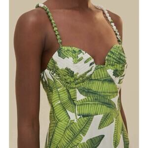NEW! Farm Rio Palm Fan Midi Dress XL White Green Tropical Cotton Beaded Straps